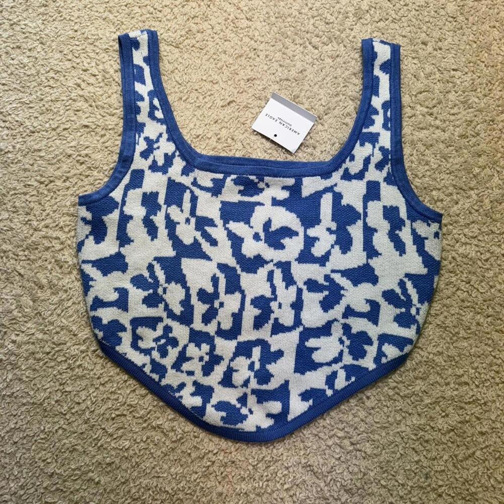 American Eagle Retro Knit Crop Tank Blue White‎ SMALL NWT